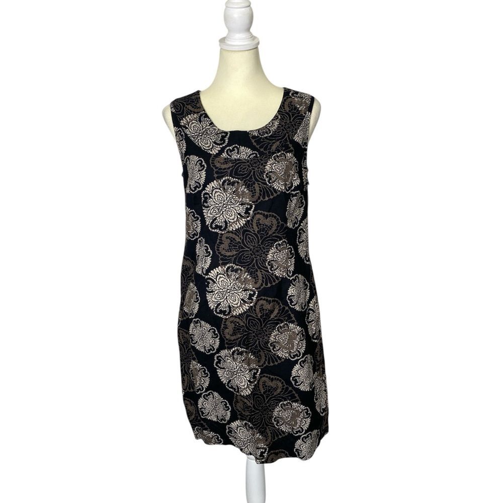 212 Collection Linen Blend Floral Dress Size 10 Black Beige Classic Chic